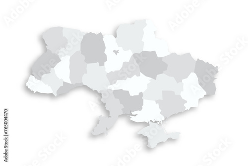 Ukraine political map of administrative divisions - regions, two cities with special status of Kyiv and Sevastopol, and autonomous republic of Crimea. Grey blank flat vector map with dropped shadow.