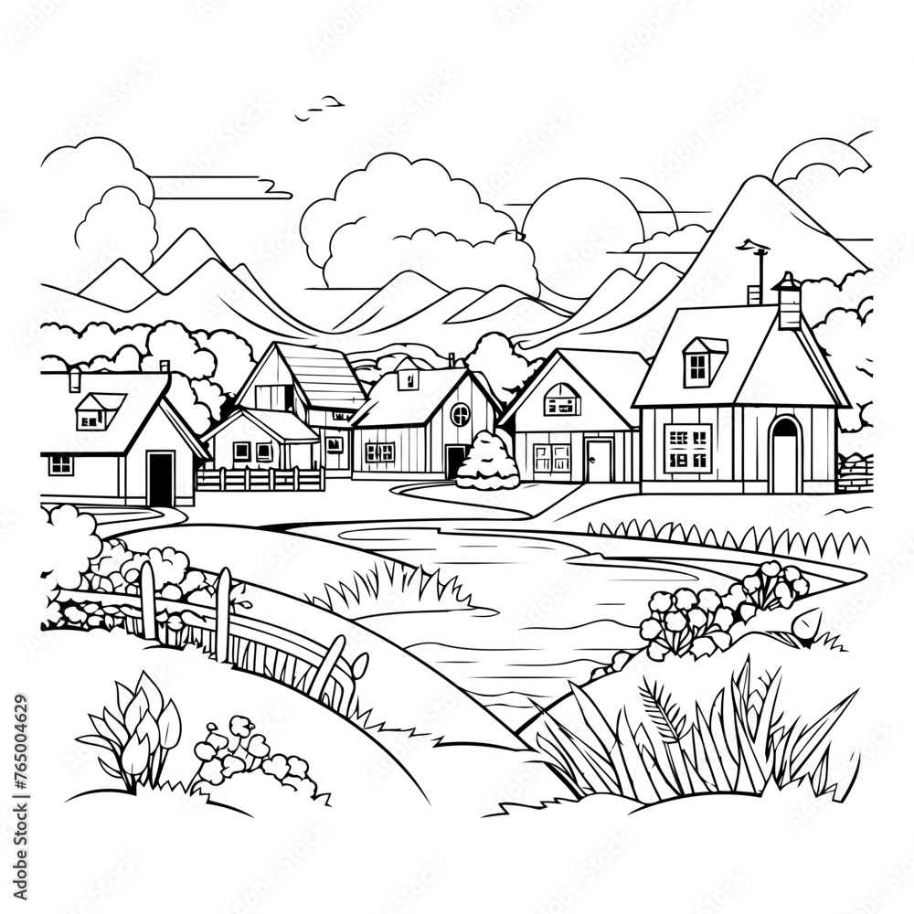 Village. Rural landscape. Black and white vector illustration for coloring book.