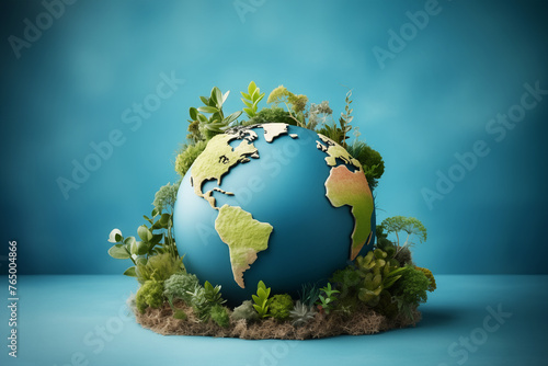 Planet Earth model with fresh green plants on blue background. Green planet creative concept. Earth day. Environment and ecology care. Symbol of sustainable development and renewable energy.