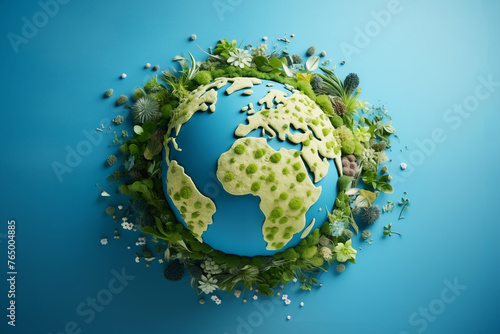Planet Earth model with fresh green plants on blue background. Green planet creative concept. Earth day. Environment and ecology care. Symbol of sustainable development and renewable energy.