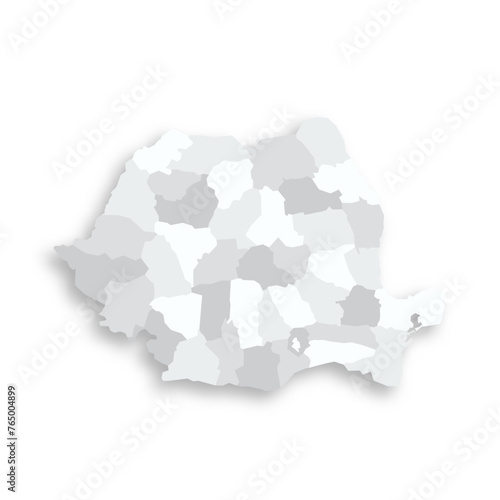 Romania political map of administrative divisions - counties and autonomous municipality of Bucharest. Grey blank flat vector map with dropped shadow. photo