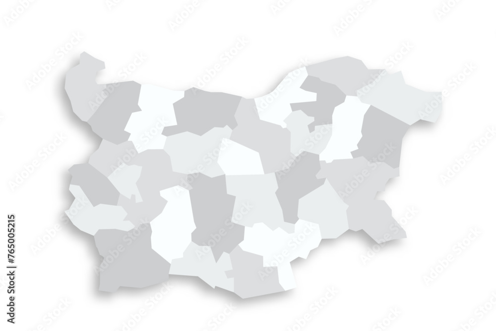 Bulgaria political map of administrative divisions - provinces and regions. Grey blank flat vector map with dropped shadow.