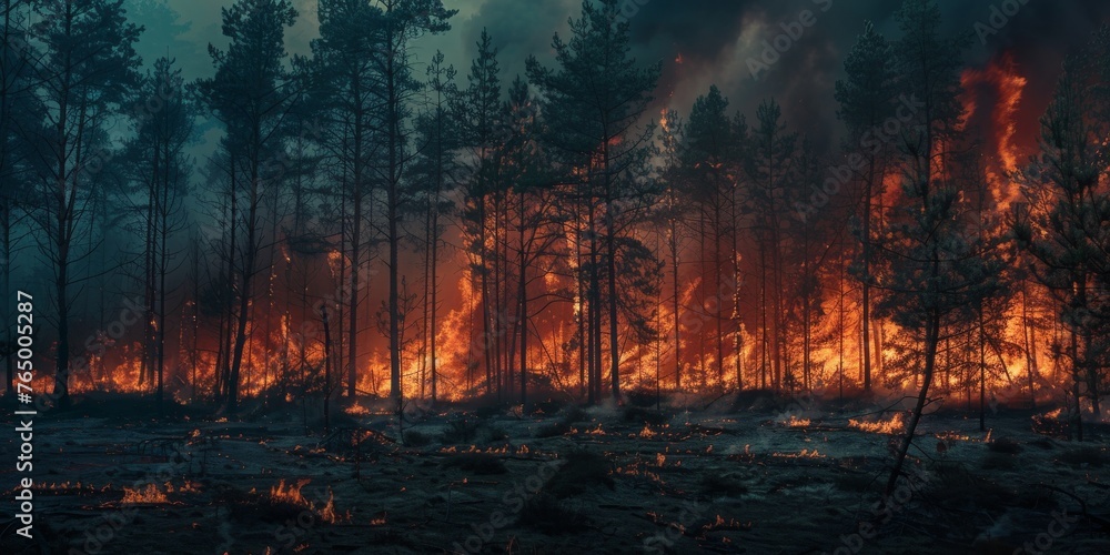 A group of firefighters are in the middle of a forest fire