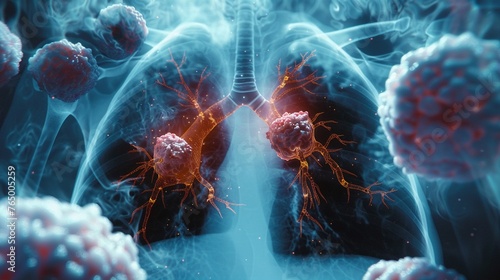 X-ray image of lungs with cancerous spots