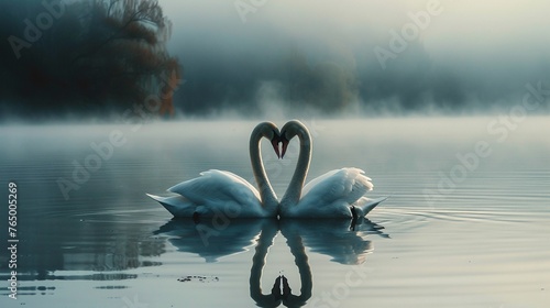 Swan pair forming a heart shape on a serene lake