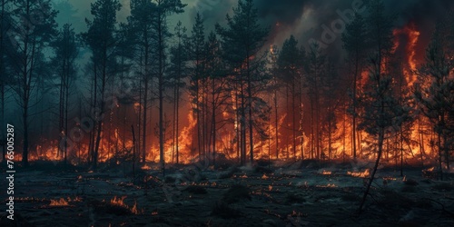 A group of firefighters are in the middle of a forest fire