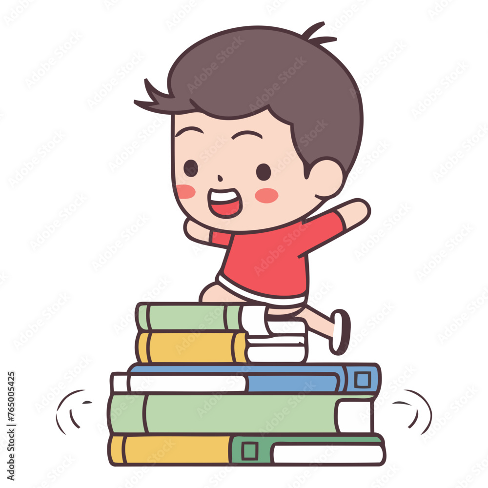 Cute little boy holding a stack of books.