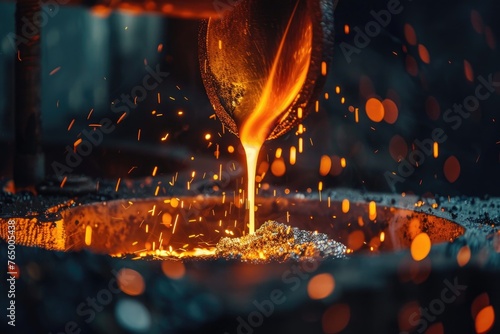 Pouring liquid metal  industrial alchemy  close-up foundry heat