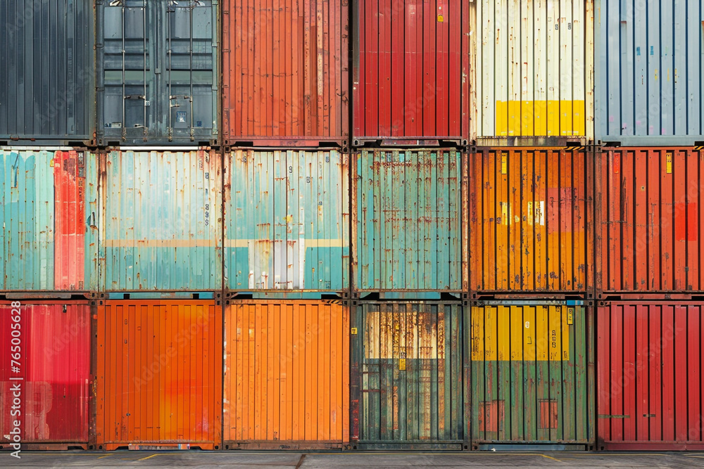 Fototapeta premium A wall of shipping containers. Stacked high. The containers began to rust and deteriorate.