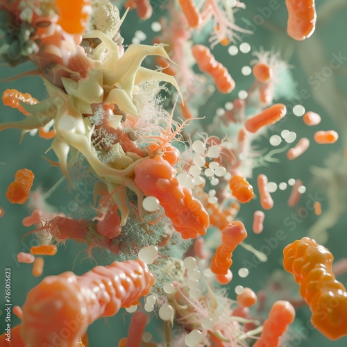 A close-up rendering of microbial structures in shades of orange and green, depicting a dynamic and intricate microbial ecosystem.