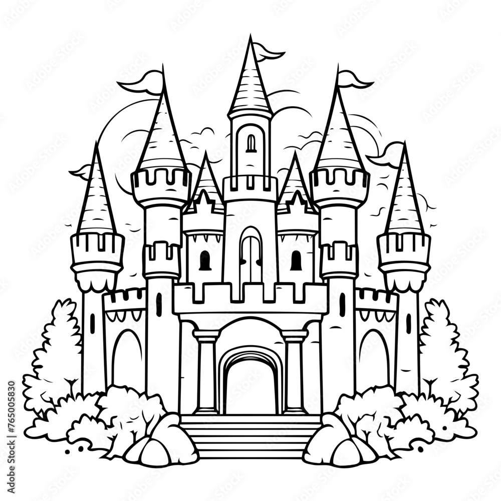 Cartoon castle in the forest. Black and white vector illustration.