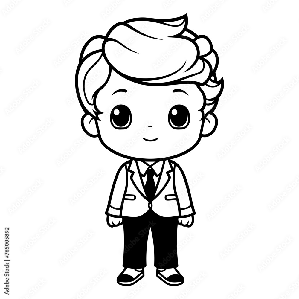 Black and White Cartoon Illustration of Cute Little Boy Character for Coloring Book