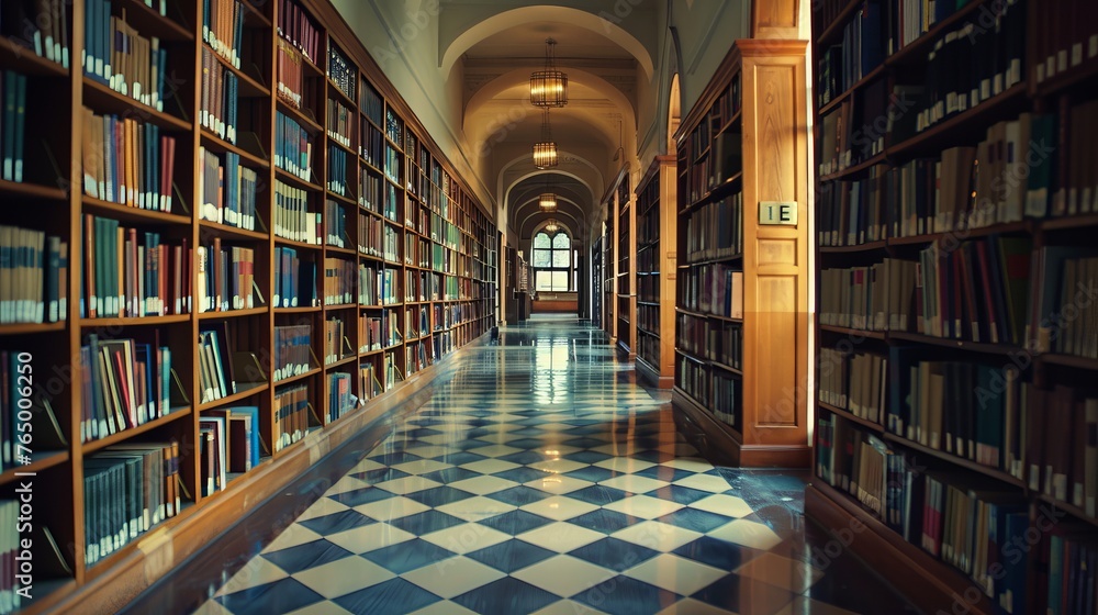 Empty college library corridor with rows of bookshelves, quiet study environment, educational atmosphere
