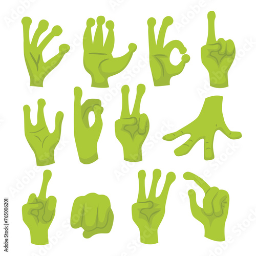 Set of Green Alien Hands collection with various gestures, reptile paw, UFO space adventures, hand drawn doodle alien's hands finger communication. vector illustration, isolated on white background.