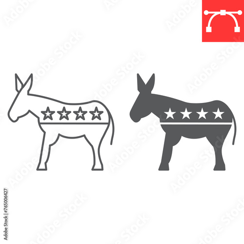 Democratic donkey line and glyph icon, election and politician, democratic donkey vector icon, vector graphics, editable stroke outline sign, eps 10.