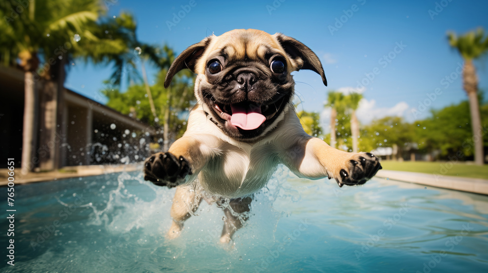 A cute little pug happily jumps into the pool. A playful pug puppy is having fun in the pool - jumping and diving. Training and active games with pets and popular dog breeds during the summer holidays