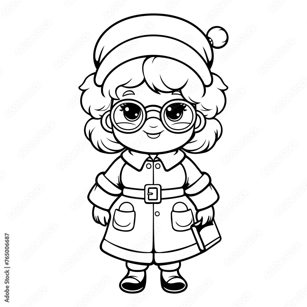 Outline illustration of a little girl in glasses and a Santa hat.