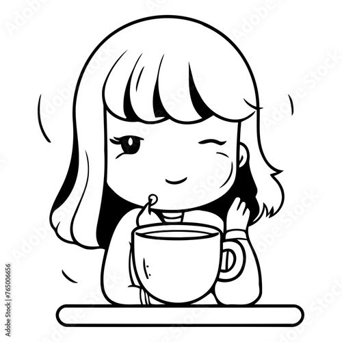 Illustration of a Cute Little Girl Drinking a Cup of Tea