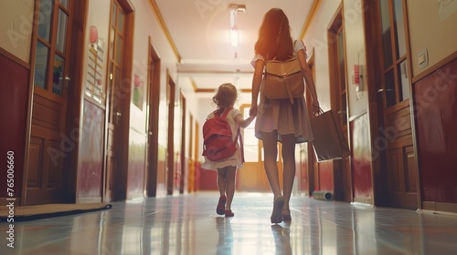 Excited first day at school: mother guides young schoolgirl into first grade adventure photo