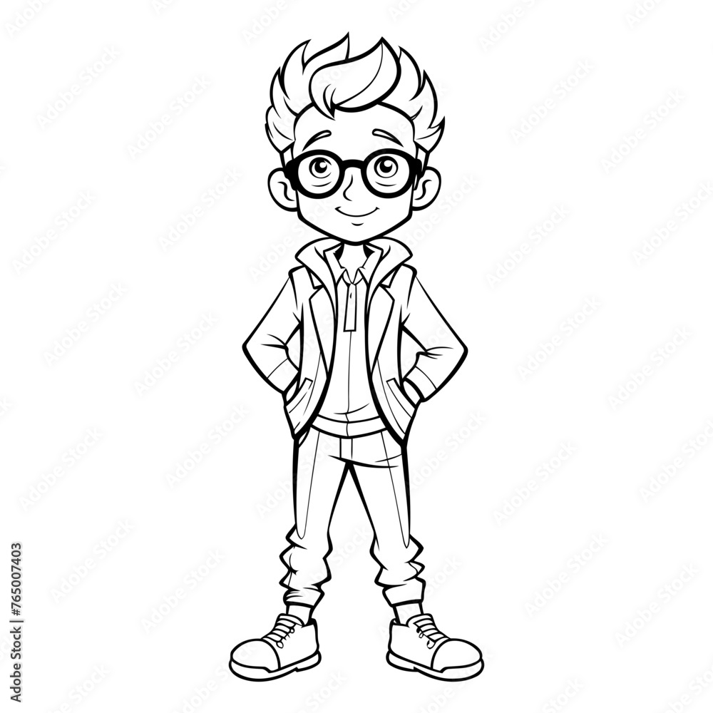 Outline of a boy with glasses for coloring book.
