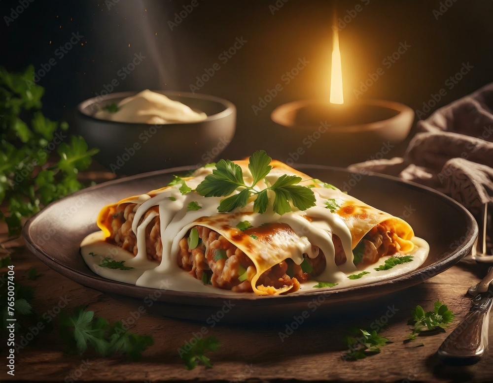 Delicious Enchiladas Topped with Melted Cheese and Fresh Cilantro on a Wooden Kitchen Table