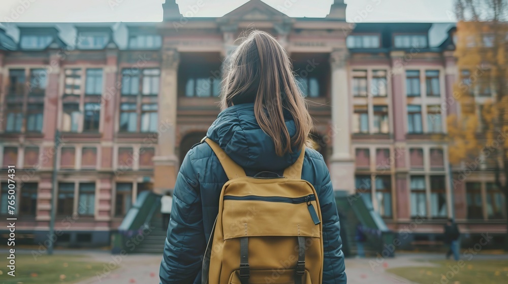 Adventurous schoolgirl with backpack standing proudly in front of educational institution Adventurous schoolgirl with backpack standing proudly in front of educational institution