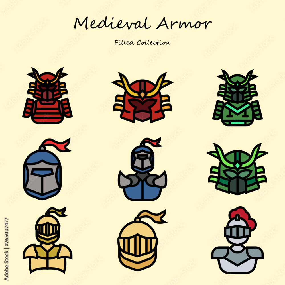 medieval armor editable icons set filled line style. with various shapes. armor, samurai, knight, helmet, warrior. filled collection