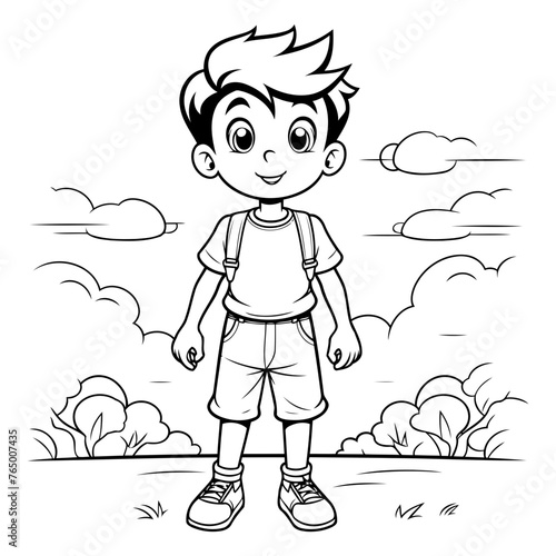 Boy with backpack walking in the park for coloring book.