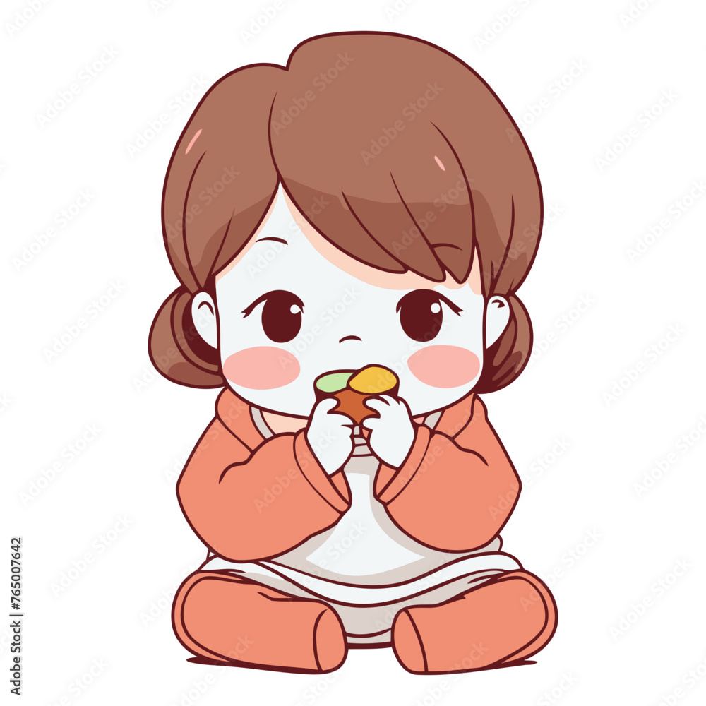 Illustration of a Cute Little Girl Sitting and Eating an Apple