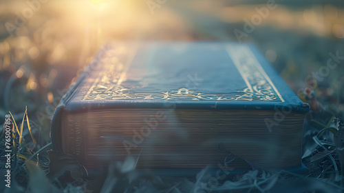 Ancient wisdom blue book in the light, closeup