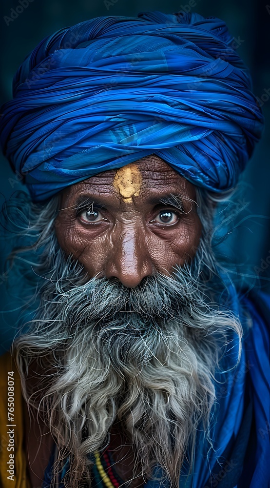A portrait of an old Indian man with a blue turban and long beard
A portrait of an old Indian man with a blue turban and long beard