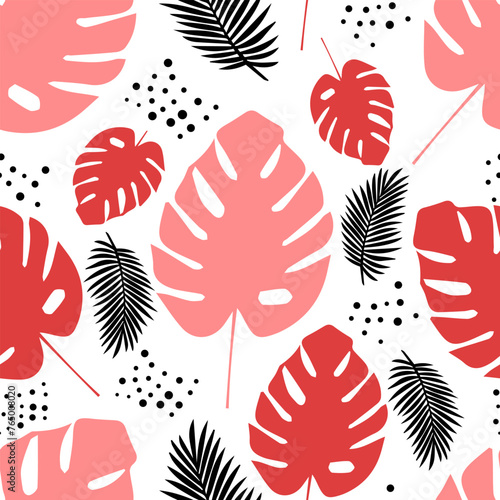 seamless marine pattern with monstera and palm tree branch