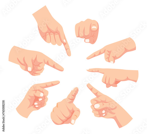 Set of Hand with pointing finger gesture with different view and angle,  pointing fingers in a direction sign collection, flat hand drawn style, isolated on white background, vector illustration.