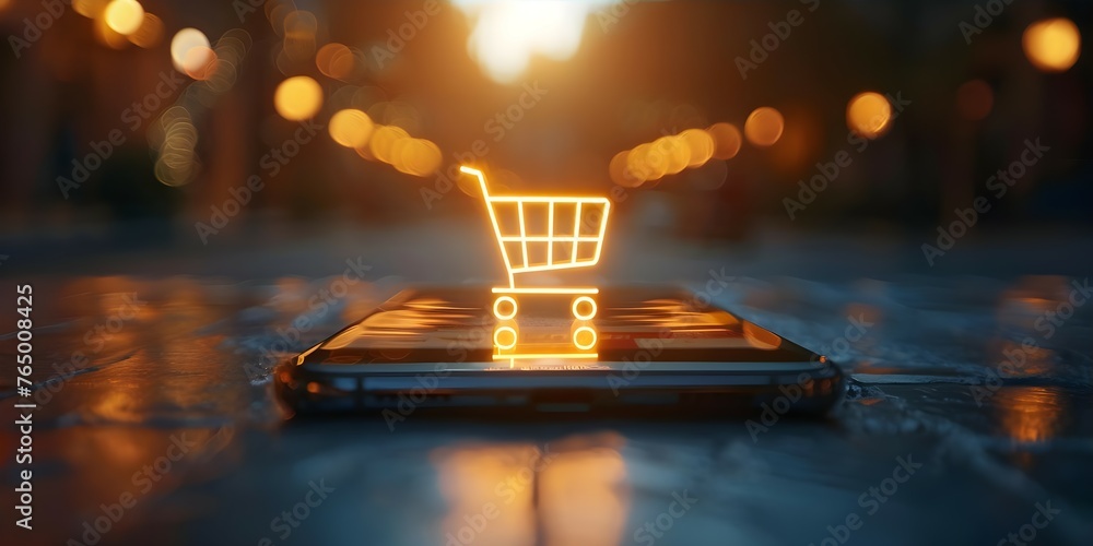 Exploring E-commerce with a Mobile Phone and Shopping Cart Icon. Concept E-commerce Trends, Mobile Shopping, Online Retail Strategy, Shopping Cart Icon, Mobile Marketing - obrazy, fototapety, plakaty 