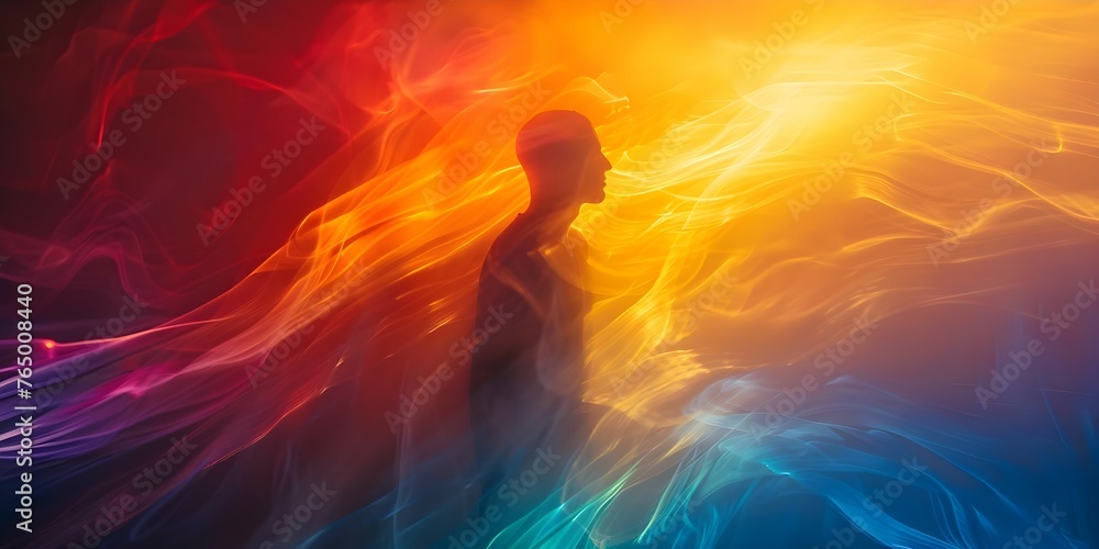 Capturing the vibrant aura surrounding a human figure. Concept Vibrant Aura, Human Figure, Light and Shadow, Lively Energy, Creative Composition