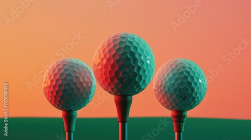 close-up of the tee pegs and golf ball against a sunset-colored green background, concet of international Golf Day