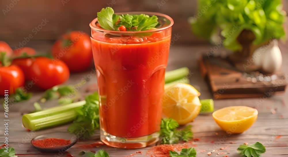 A glass of tomato juice with celery, lemon, and a dash of hot sauce A glass of tomato juice with celery, lemon, and a dash of hot sauce