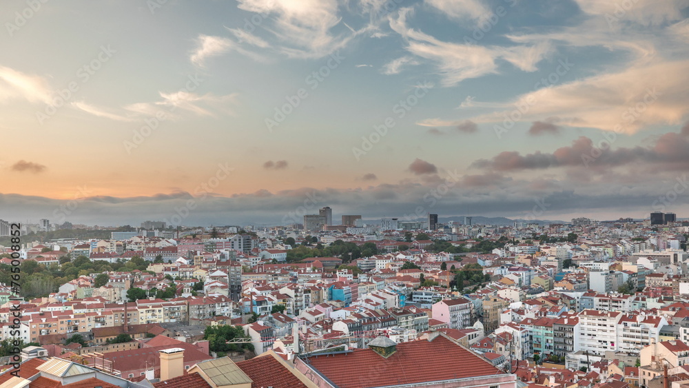 Fototapeta premium Panorama showing Lisbon famous aerial view from Miradouro da Senhora do Monte tourist viewpoint timelapse