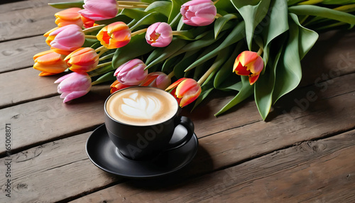 cup of coffee and tulips #765008871