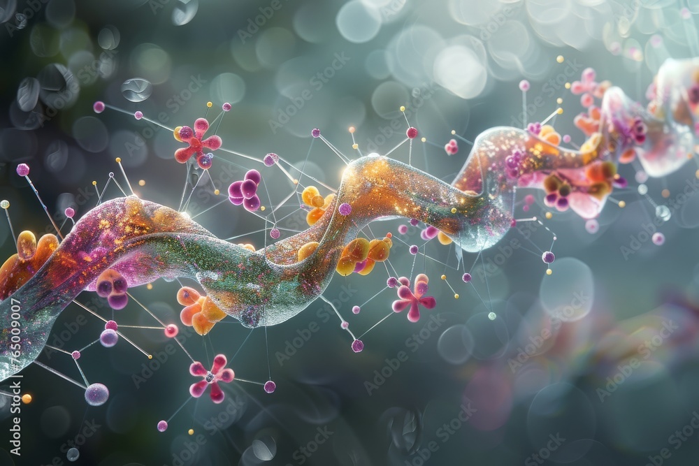 Naklejka premium Dynamic visualization of cellular interactions with floral-like appendages