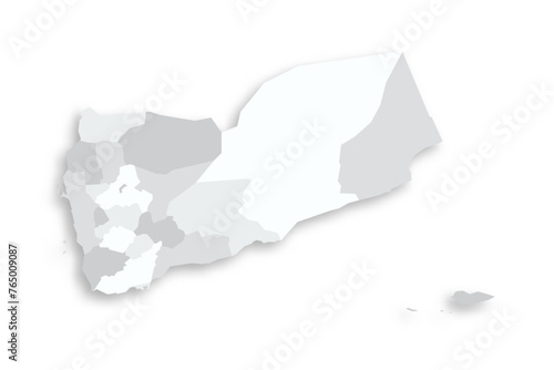 Yemen political map of administrative divisions - governorates and municipality of Sanaa. Grey blank flat vector map with dropped shadow. photo