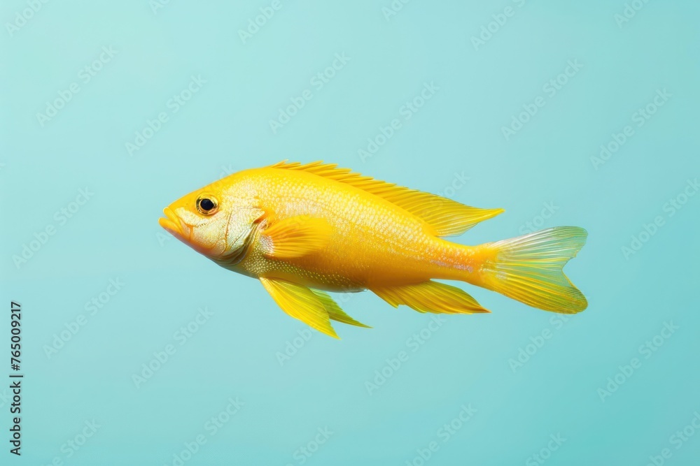Fototapeta premium yellow fish filled with omega-3 fatty acids and vitamins such as D and B2 on light blue background with copy space