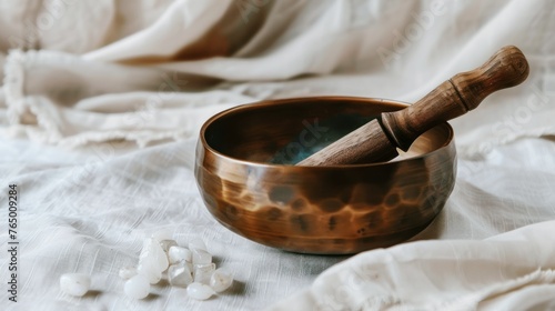 tibetan singing bowl with white gem stones, meditation music instrument, relaxation, yoga practice, healing massage