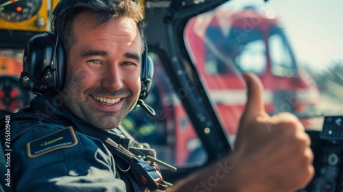 Portrait of happy male rescue personnel staff with thumbup gesture