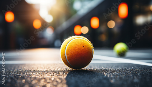 Playing tennis outdoors at night, the yellow ball speeds through 