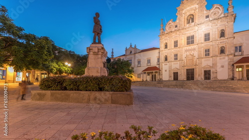 Bild auf Leinwand Panorama showing Sa da Bandeira Square with a view of the Santarem See Cathedral day to night timelapse