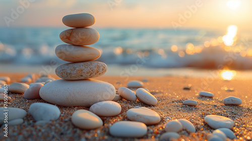 Pile of Zen stones on the sand on a beach with a blurred background at sunset, copy space, Zen concept, balance, peace, meditation, concentration, harmony, relaxation.