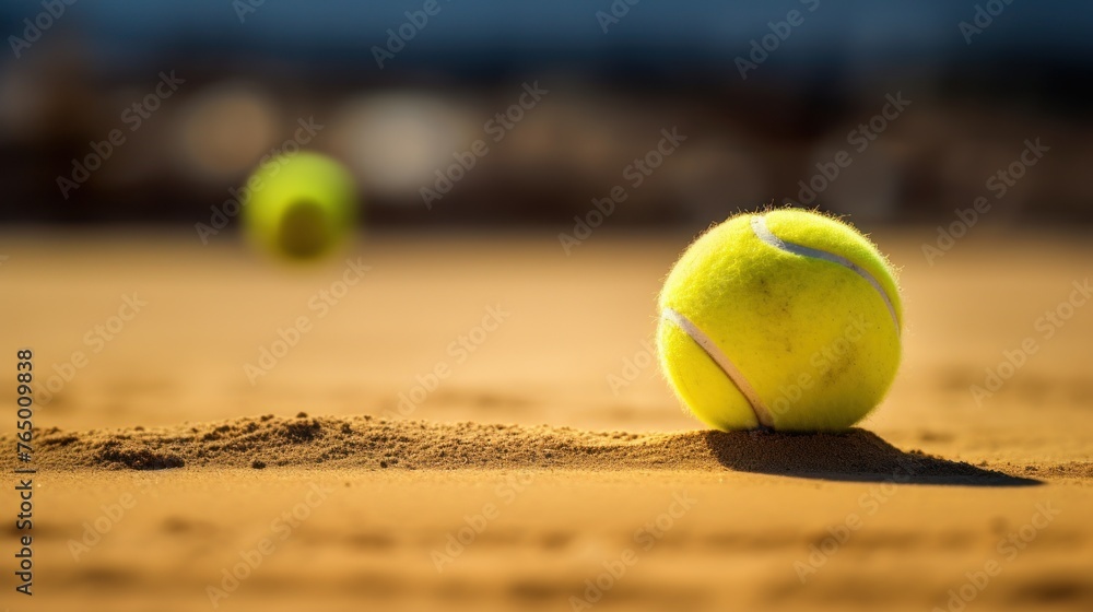 Tennis ball on sandy surface with racket's shadow, depicting outdoor sports, in banner format.