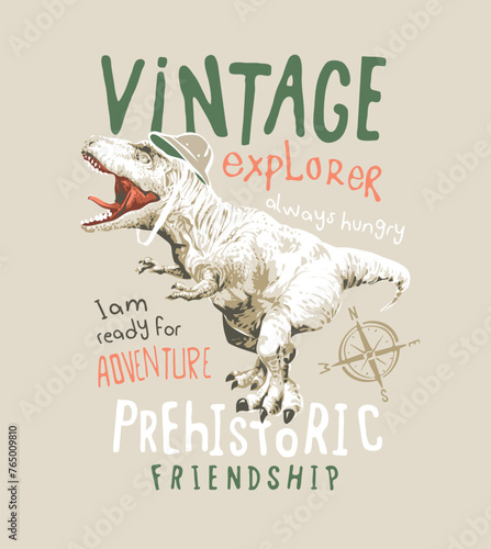 vintage explorer slogan with cartoon dinosaur hand drawn vector illustration for kid's fashion print