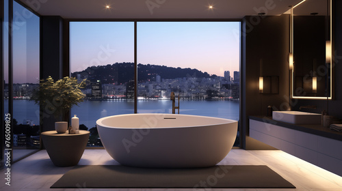 Modern bathroom interior with city view at night. 3D rendering. © HecoPhoto